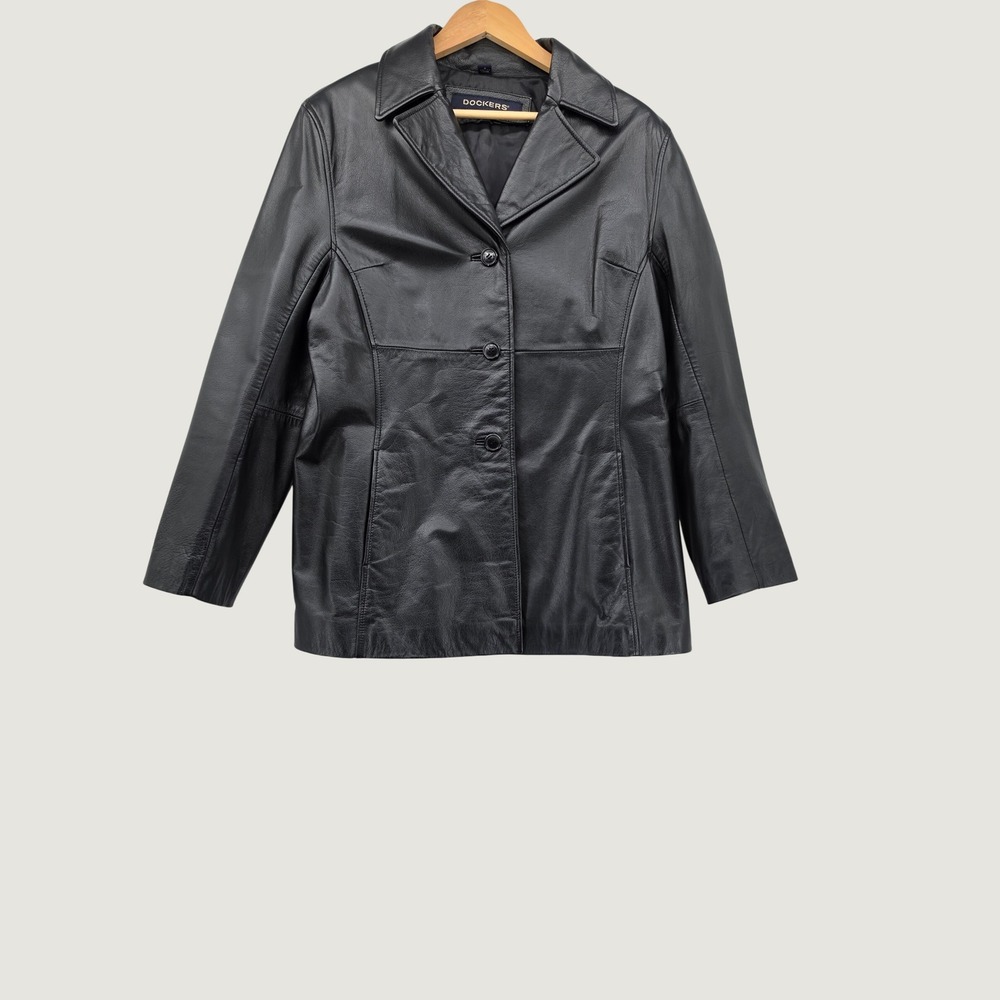 Dockers Black Leather Jacket Womens Large Button Front Blazer Coat Vintage Retro